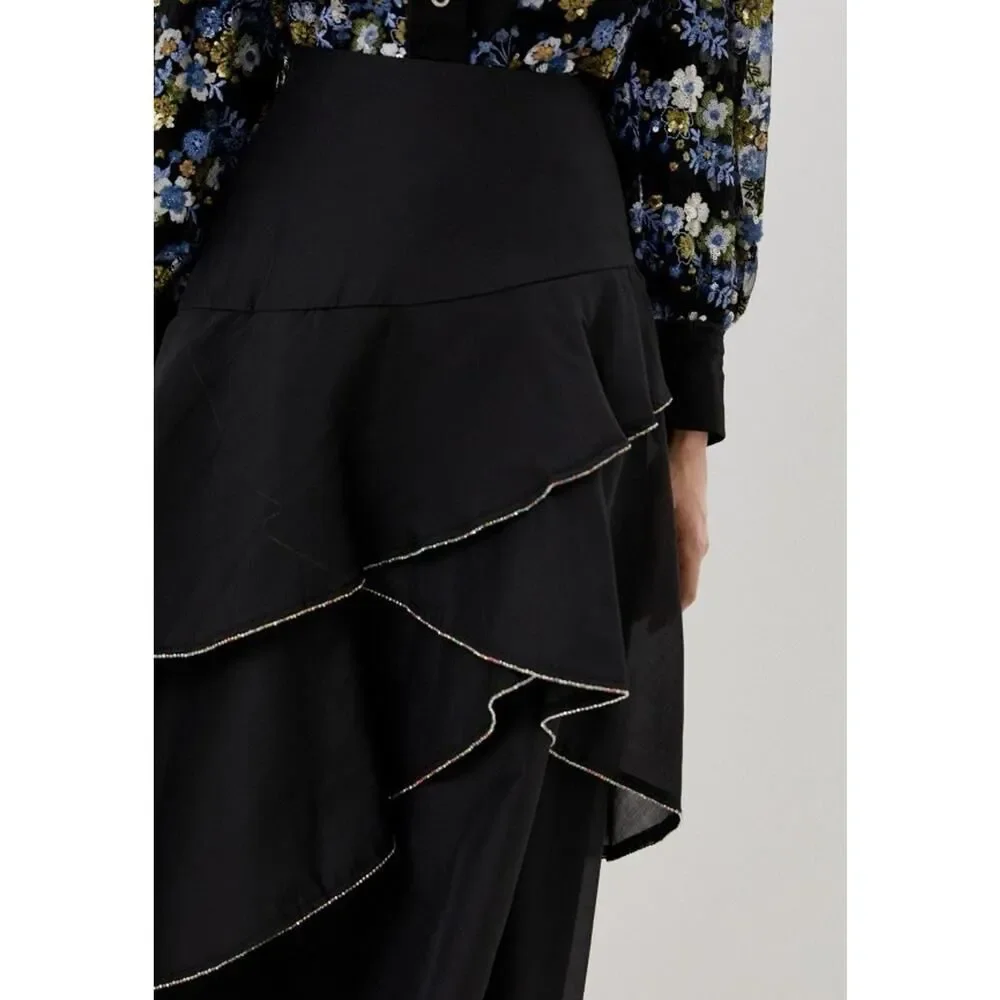 Sister Jane Black Ruffle Midi Skirt Beaded Trim Tiered XS Romantic
